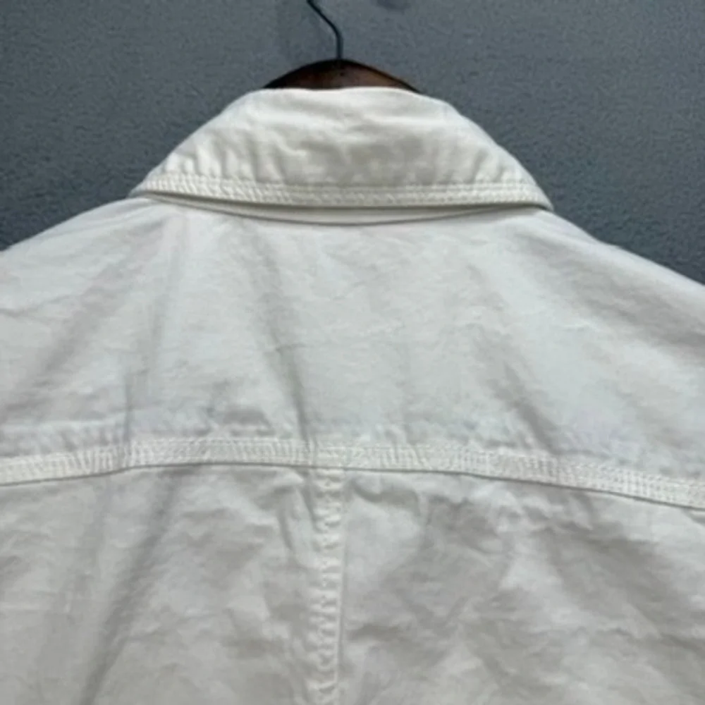 Pappagallo‎ Denim Jacket Utility Shacket Button Up Petite 6P White Flap Pockets